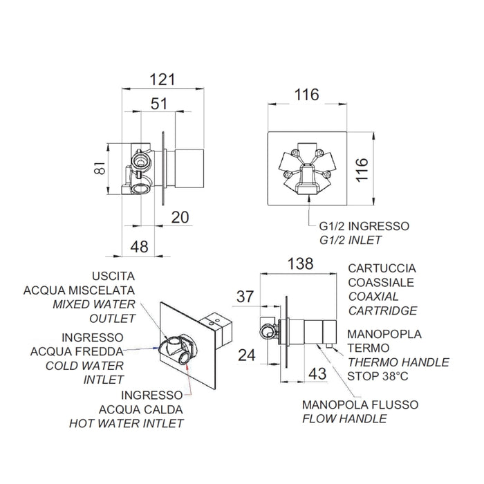 Rubinetto termostatico doccia,5 posizioni su doppia piastra - serie qubika thermo
