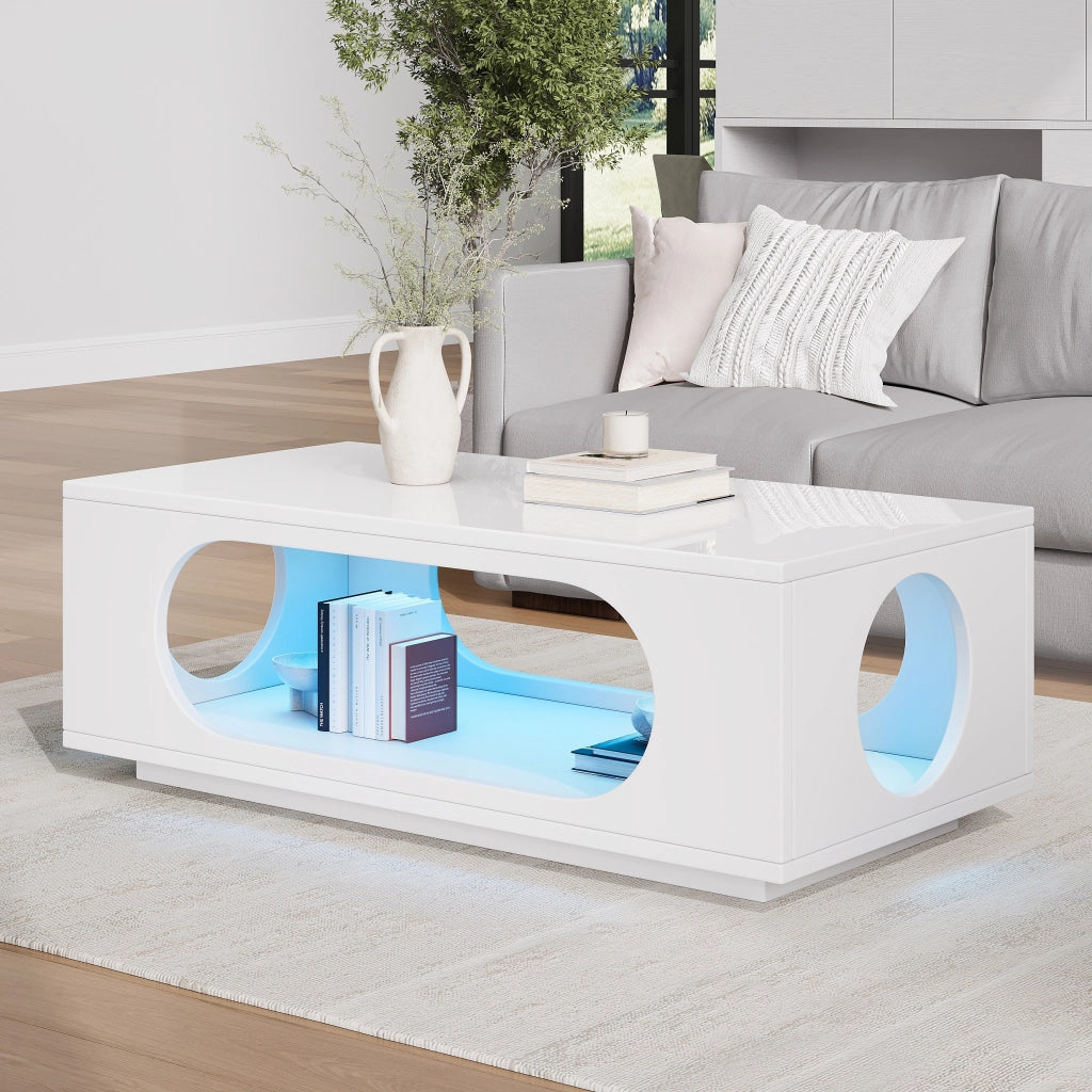 Tavolino lucido, illuminazione a LED, 100 x 50 x 35 cm, in MDF, con design traforato, bianco