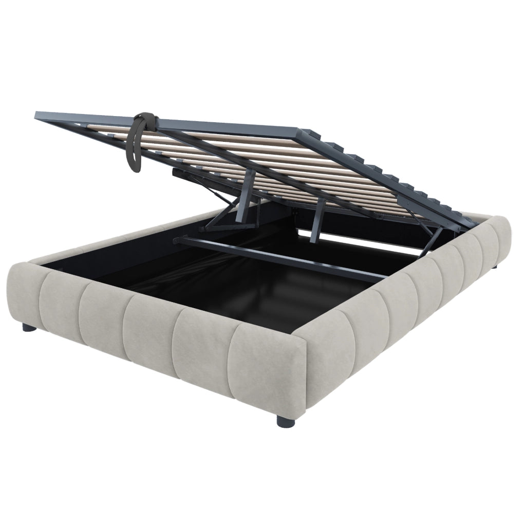 Letto imbottito 140x200 cm con contenitore, LED integrato e struttura idraulica