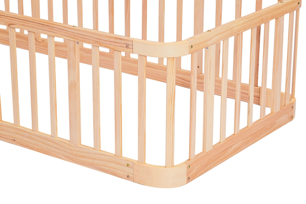 Recinto modulare per bambini 90 × 200 cm, barriere di sicurezza da 7 cm, angoli arrotondati, senza materasso, in legno, naturale