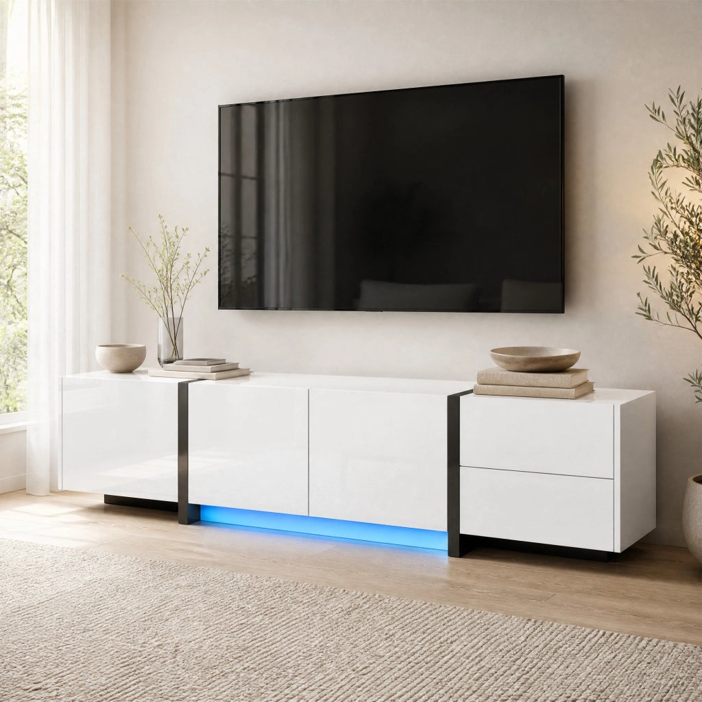 Mobile porta TV bianco lucido con 3 ante, 1 cassetto e 1 ribalta, gambe nere, 170 × 30 × 39 cm