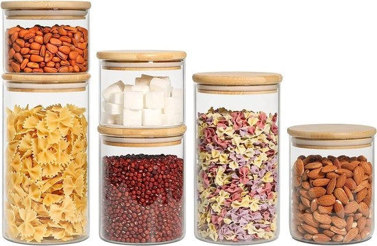 Set di contenitori ariostatici in vetro borosilicato da 1200ml/800ml/500ml con coperchio in bambù, contenitore di stock con guarnizione in silicone, set di contenitori trasparenti per cucina da 6 pezzi per alimenti e pasta