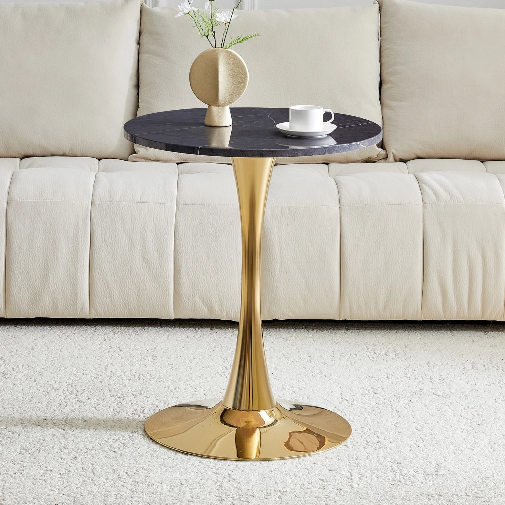 Tavolo da pranzo rotondo con base stabile in MDF e metallo effetto marmo nero e oro per cucina e soggiorno diametro 60 cm