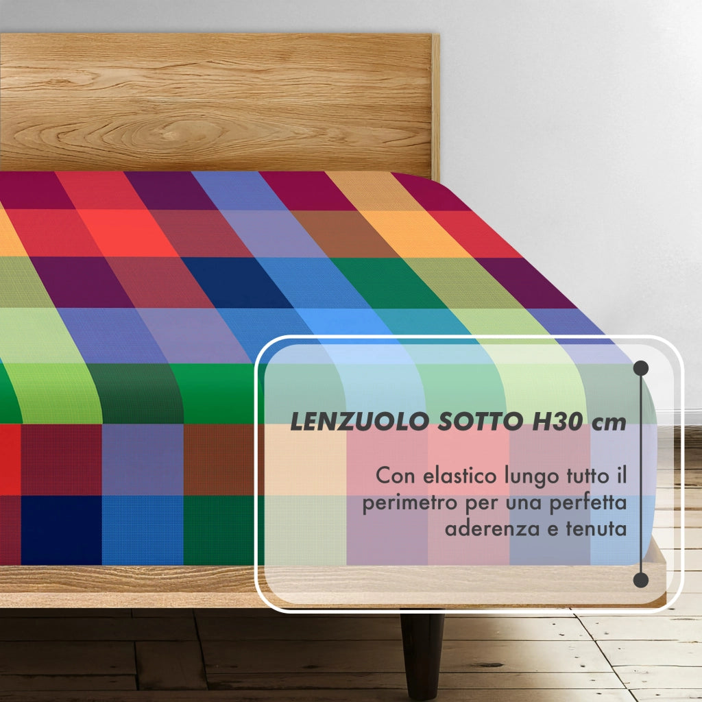 Completo Letto Matrimoniale No Stiro Set Lenzuola In Morbida Microfibra Anallergica Lenzuolo Sotto Con Angoli Elastici Fino 30 Cm, Lenzuolo Teso Sopra 2 Federe Prodotto Italiano  Chess Multicolor