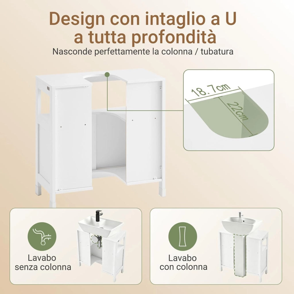 Mobiletto Bagno Salvaspazio - Armadio Salvaspazio 2 Ante Scorrevoli e Ripiano Aperto - Mobile Sottolavabo per Bagno Moderno Piccolo – Bianco, 60x30x60cm, FRG128-II-W