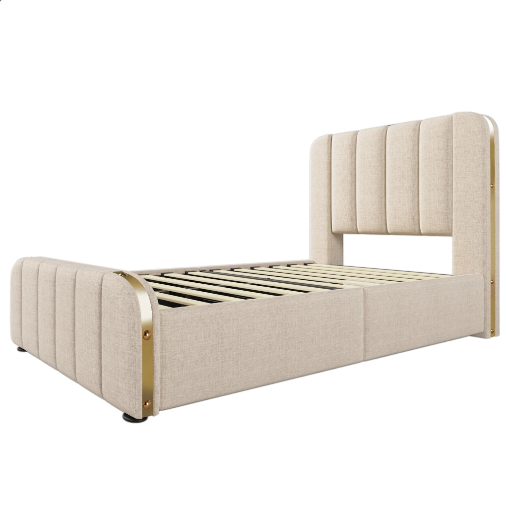 Letto singolo imbottito 90x200 cm in lino beige con 4 cassetti; USB e testiera con materasso