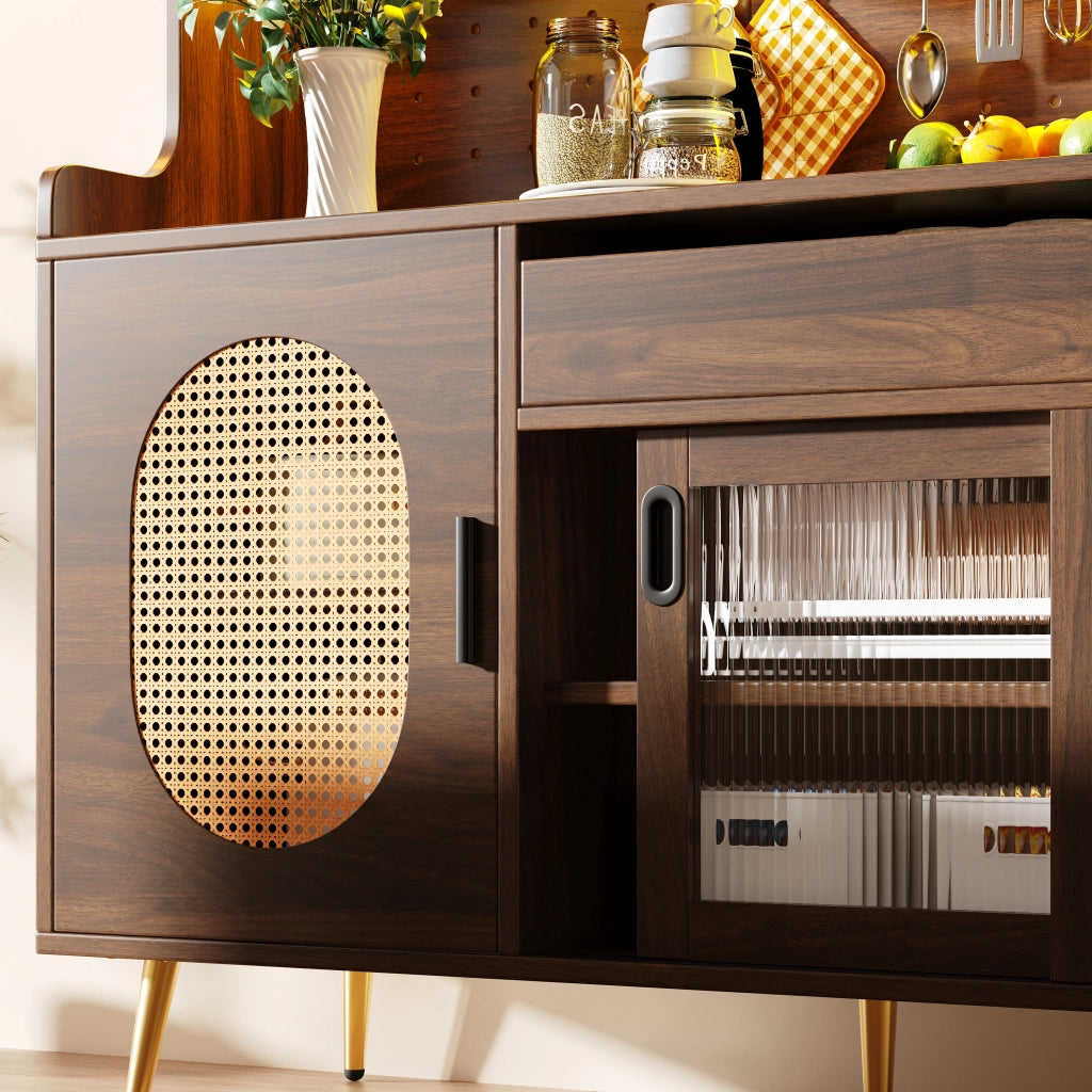 Credenza LED con cassetti e pannello perforato per cucina e sala da pranzo; in MDF; marrone; 145 × 39 × 171 cm