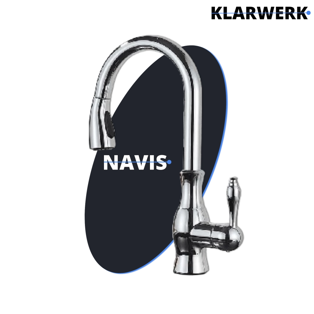 NAVIS | Elegante rubinetto cucina estraibile in acciaio inox cromato argento, arco alto, miscelatore di lusso, alta pressione, 360°, 2 attacchi