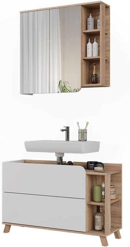 Set di mobili da bagno Karen, Sonoma/Bianco, 100 cm, composto da specchio da bagno e mobile sottolavabo