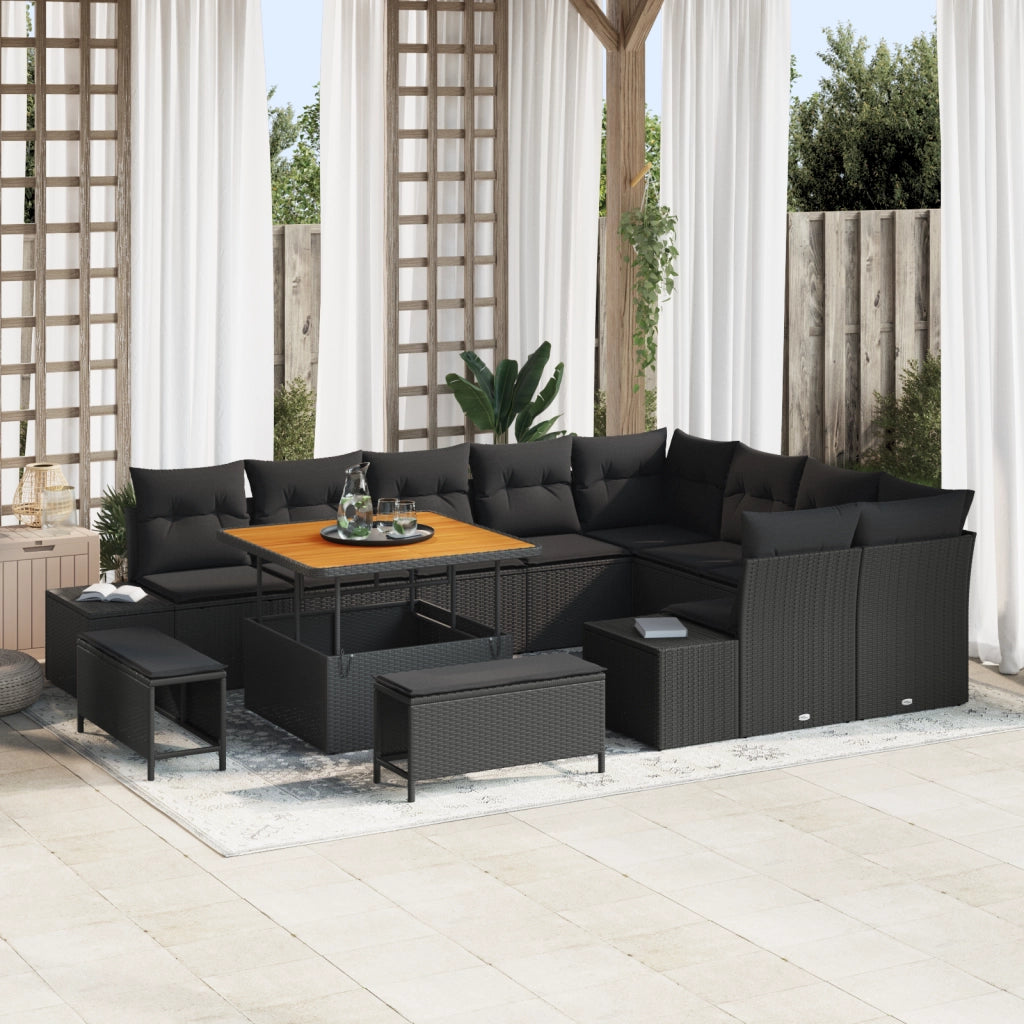 Set divano da giardino 12 pezzi con cuscini Nero Polyrattan Acacia