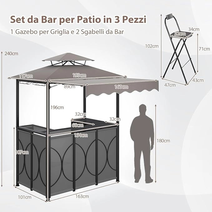 Gazebo per Barbecue, Pergola per BBQ con Tavolo Bar e 2 Sgabelli Bar Pieghevoli, Ripiani di Stoccaggio in Metallo, per Giardino e Cortile, 193 x 117 x 240 cm (Grigio)