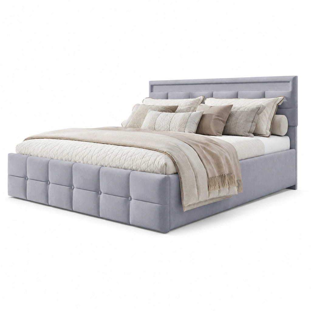 Letto matrimoniale imbottito 180x200 cm con LED; contenitore idraulico; velluto olandese grigio