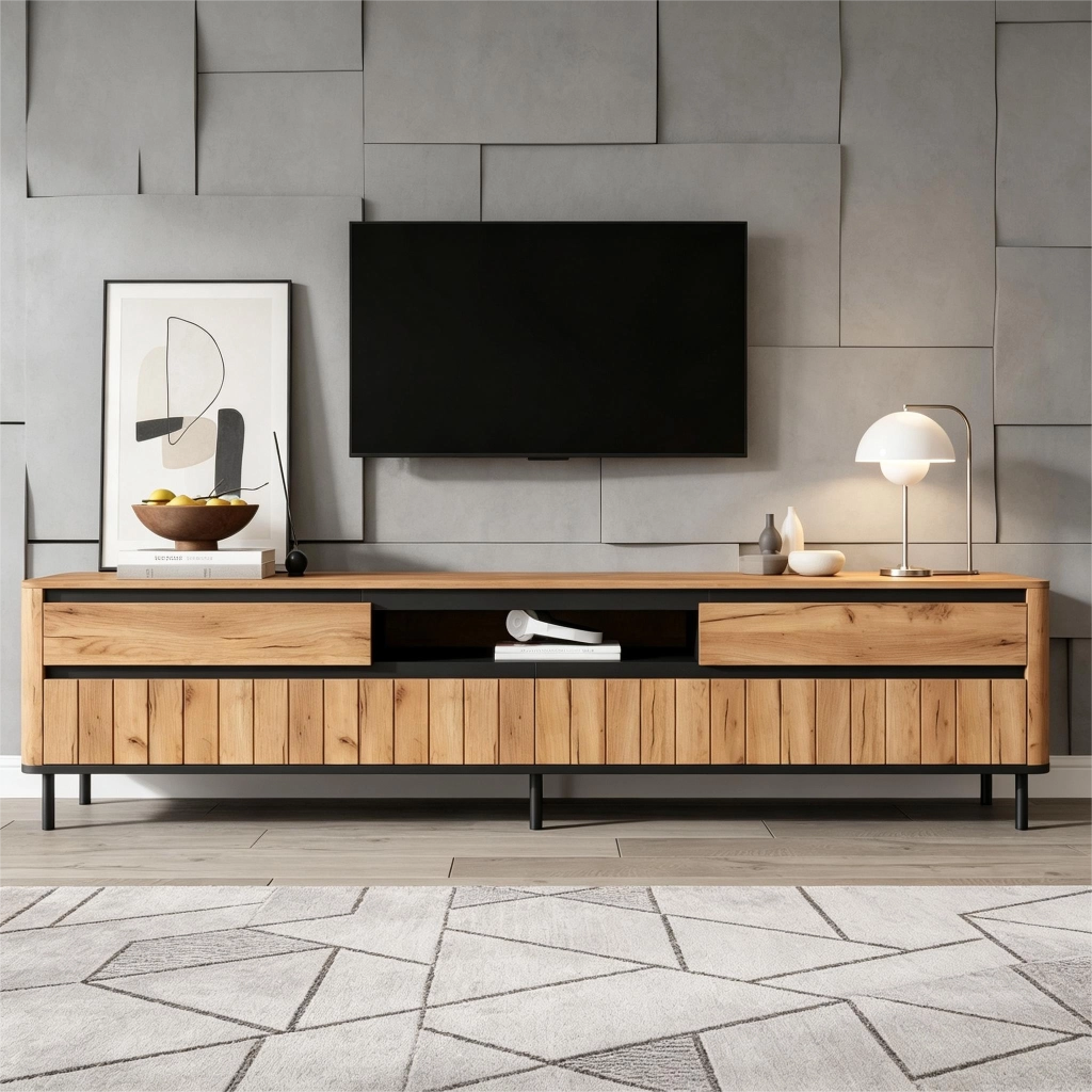 Mobile TV con 2 cassetti; 2 ante e passacavi per soggiorno 180×40×52 cm in MDF nero e naturale