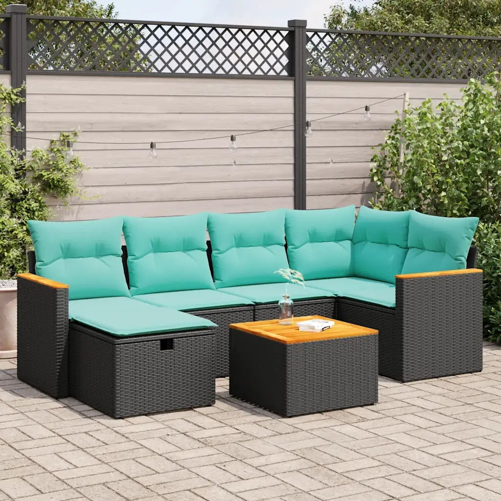 Set Divani da Giardino con Cuscini 7pz Nero Polyrattan