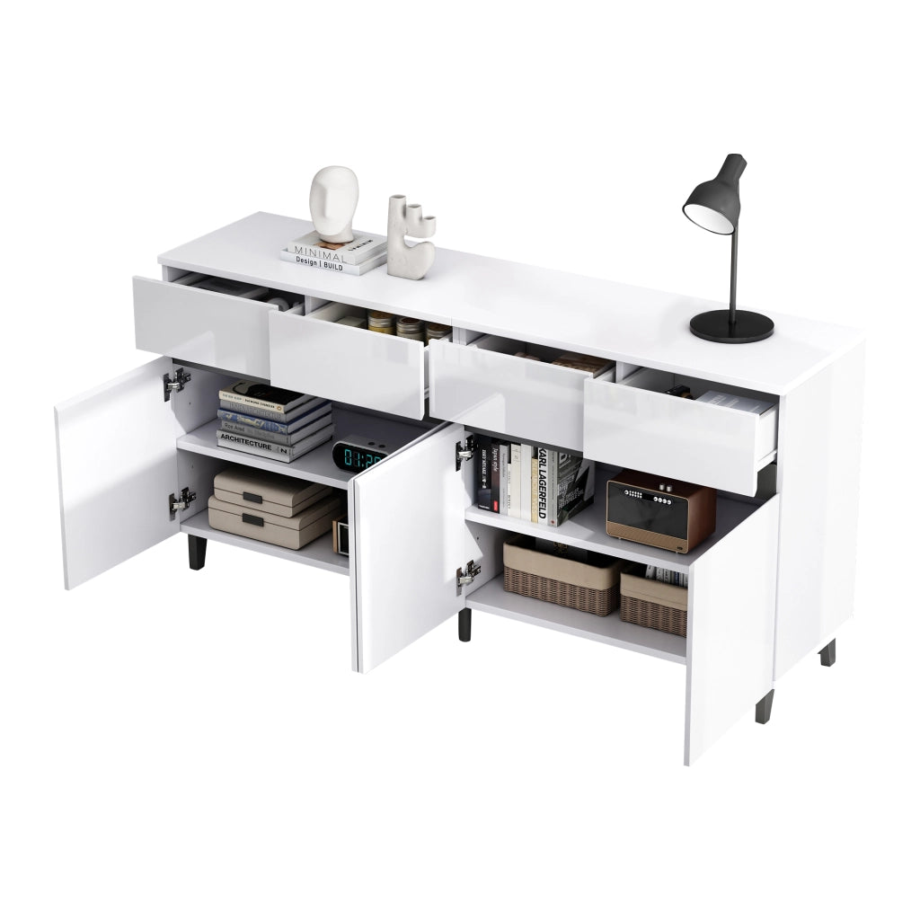 Credenza moderna lucida con 4 cassetti, 2 ante e ripiani regolabili per soggiorno e sala da pranzo in truciolato bianco 160 × 40 × 68 cm