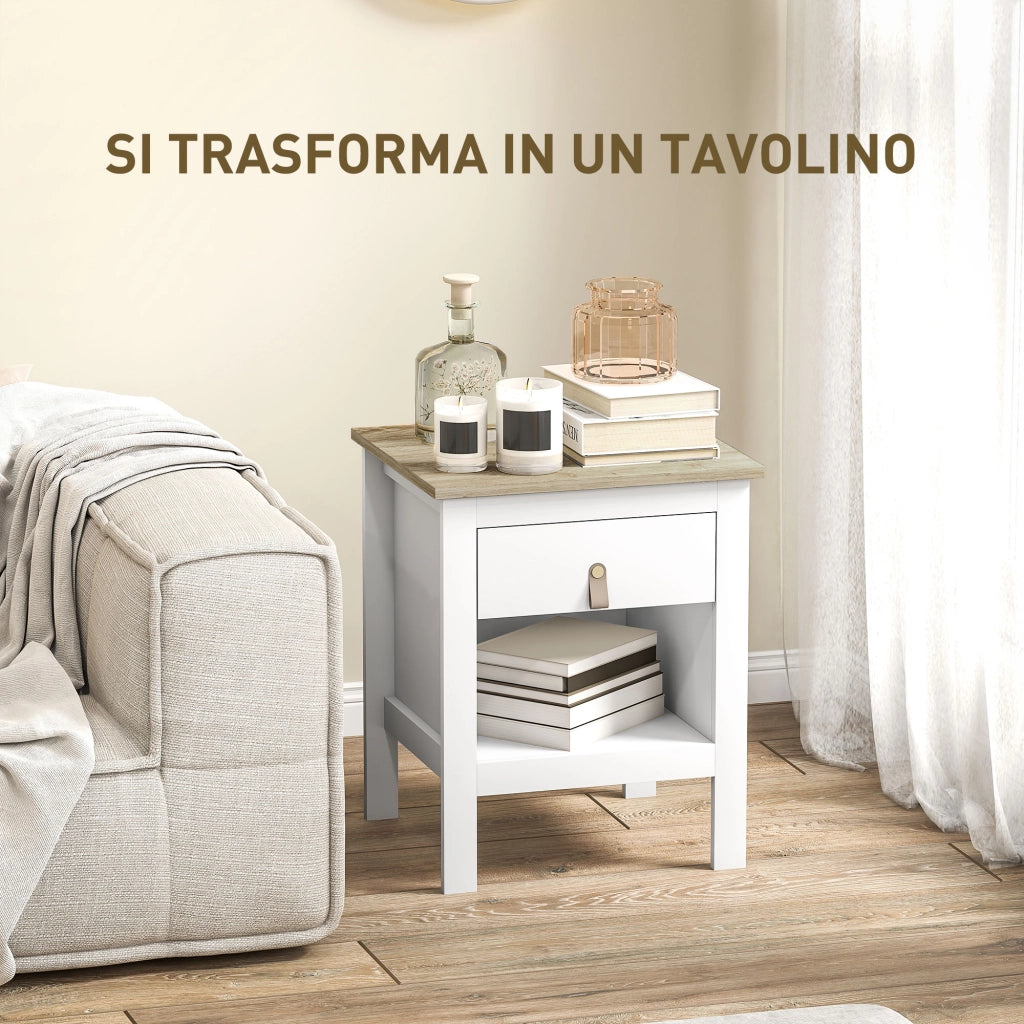 Set 2 Comodini con Cassetto e Ripiano Aperto 45x40x55 cm in Legno Bianco e Rovere