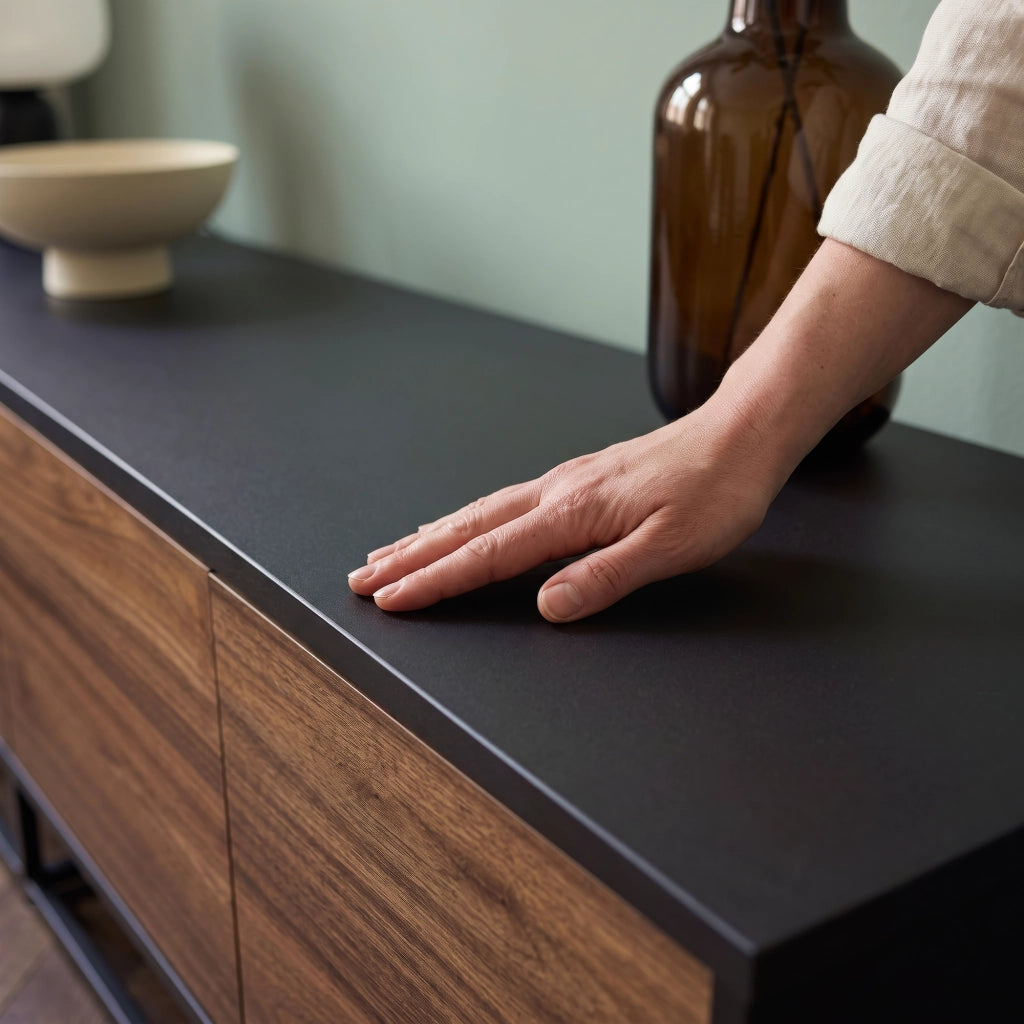 Armadietto Boxholm Credenza Bassa con 4 Ante Push-Open 180x30x56 cm Nero / Effetto Noce [en.casa]