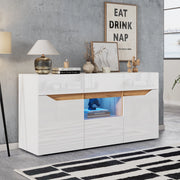Madia con LED, 4 cassetti e 2 vani, bianco e legno