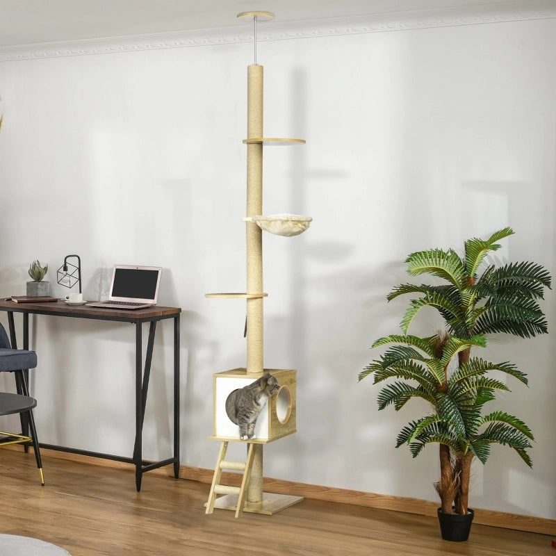 Tiragraffi a soffitto per gatti con cuccia, amaca e piattaforma 40x40x240-260 cm marrone