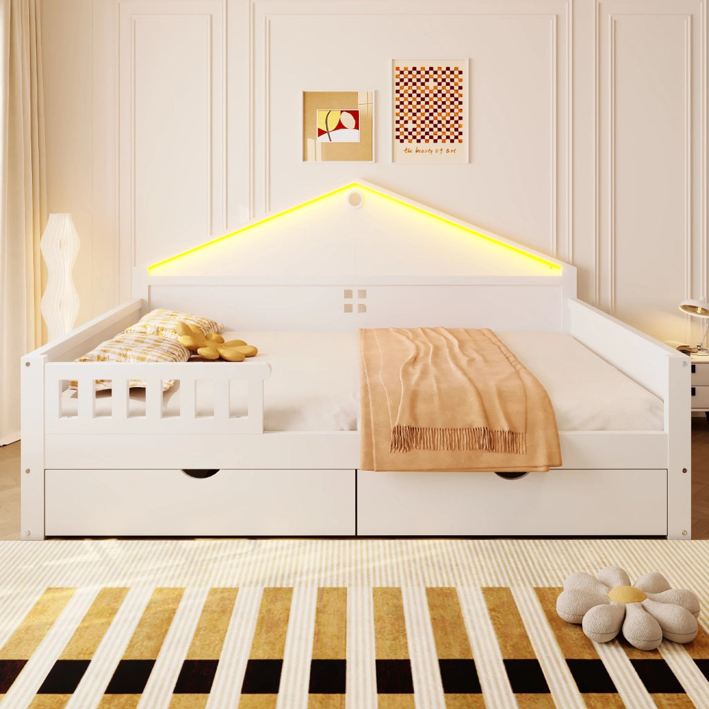 DESMIU Letto divano 2 posti con 2 cassetti e LED regolabile 140 × 200 cm, senza materasso, in legno massello e MDF, bianco