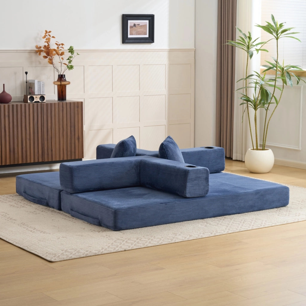 Divano letto pieghevole convertibile in velluto a coste con braccioli, tasche laterali e portabicchieri, blu scuro