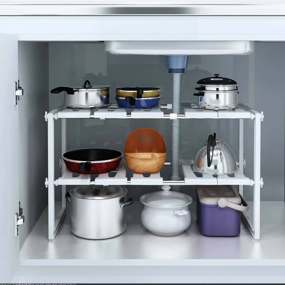Scaffale sotto lavabo cucina 2 ripiani salvaspazio regolabile 38x26x50-70cm 5818