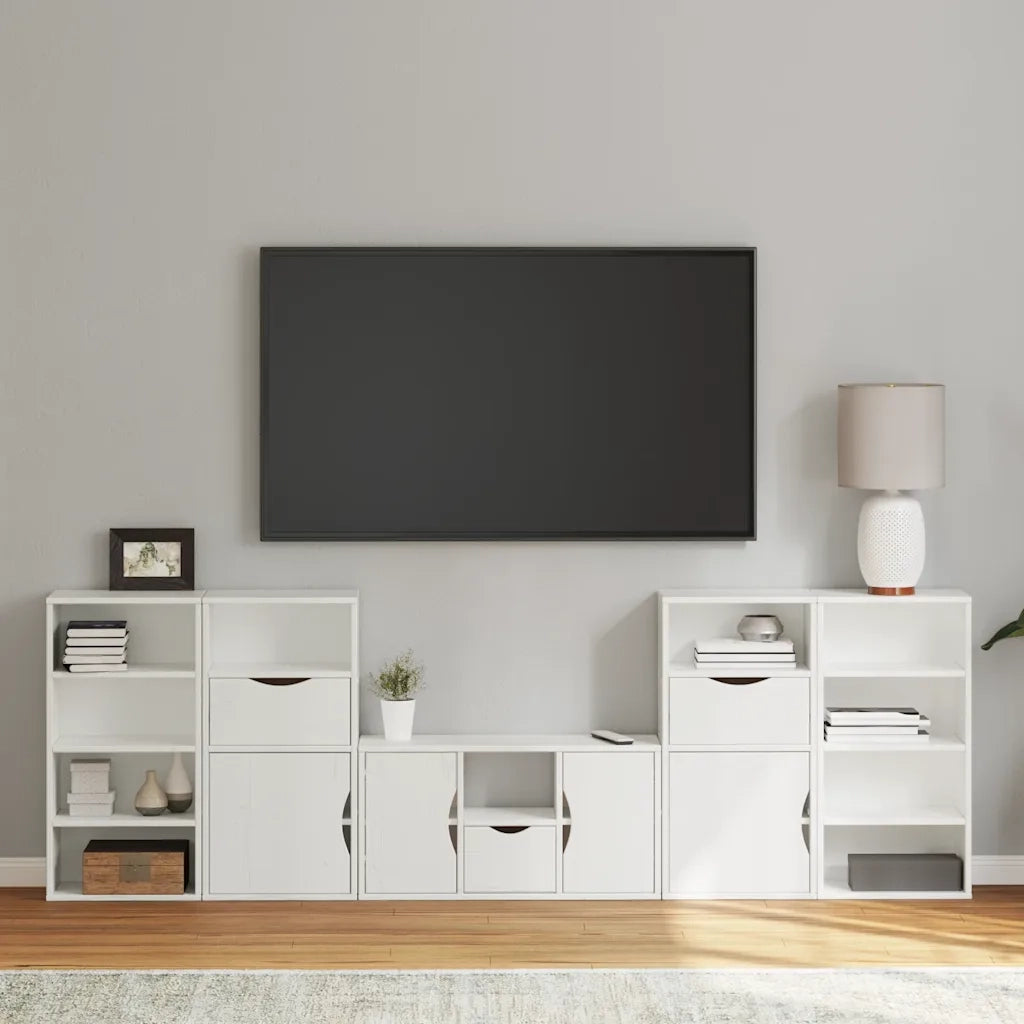 Mobile TV 5 pz con Contenitore ODDA Bianco in Legno di Pino