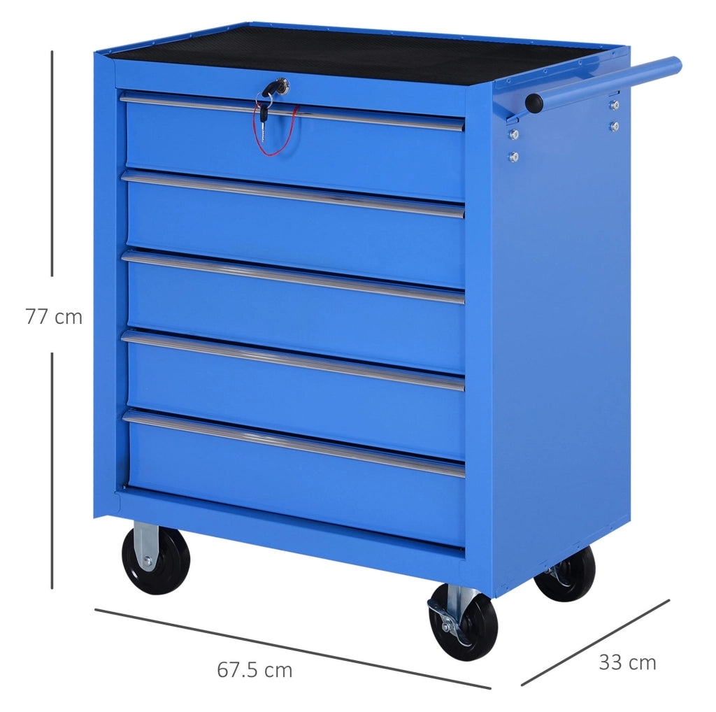 Carrello portautensili in acciaio blu con 5 cassetti e ruote