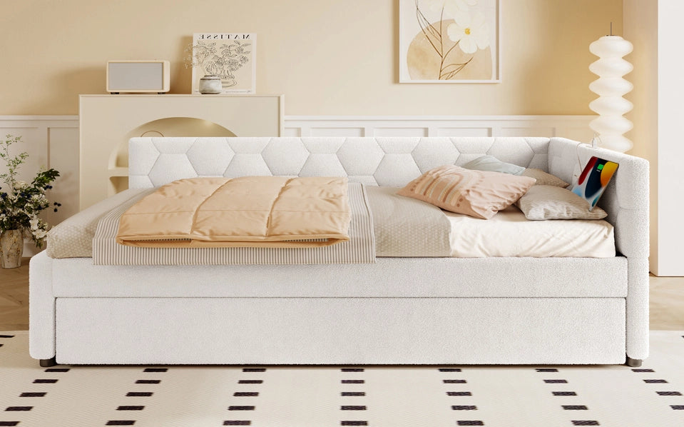 Letto Daybett 90x200 cm con Rete e Divano Letto Estraibile, USB e Lampada da Comodino, Bianco