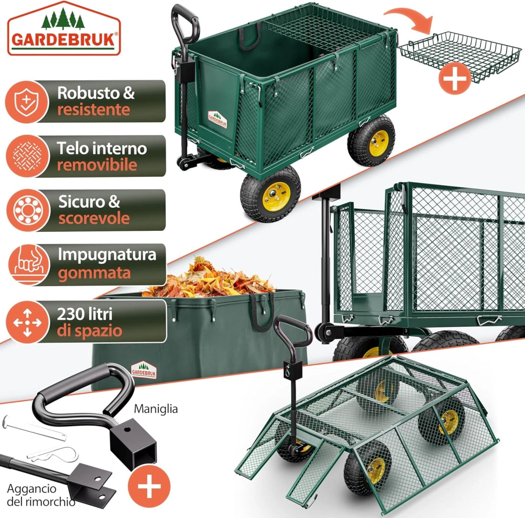 ® Carrello Portatutto con Ruote 550 kg Rimorchio Carretto Grande da Giardino con Borsone in Tela Rimovibile