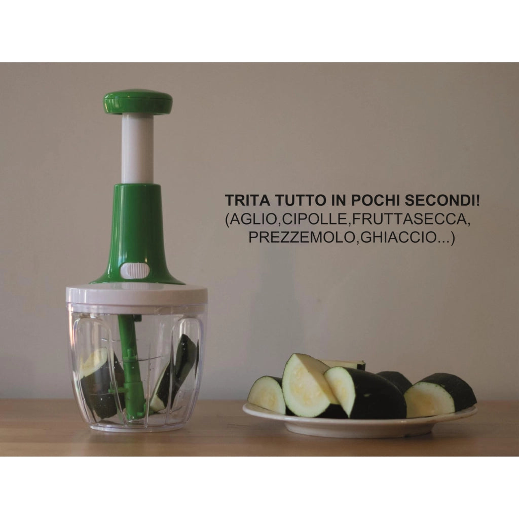 BIOVIRA Tritatutto Manuale 5 Lame Inox – Chopper da Cucina tipo Pedro Chef, Frullatore Manuale e Tritaverdure per Cipolla, Aglio, Prezzemolo, Verdure, Slap Chop Vegetable Chopper + Ricettario Digitale