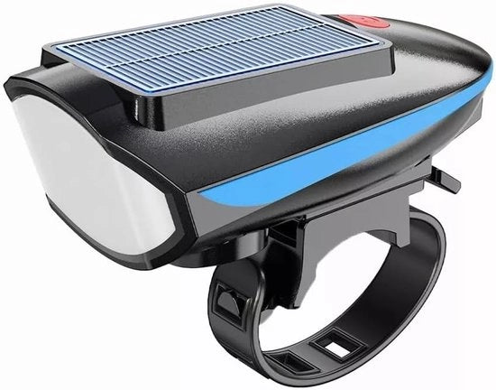 Lanterna per Bicicletta a Energia Solare - 120dB Allarme & 80m di Raggio - 3 Livelli di Luce + 5 Modalità di Suono - Ricaricabile tramite USB/Cella Solare - IPX4 Resistente all'Acqua - Per MTB/E-Bicicletta