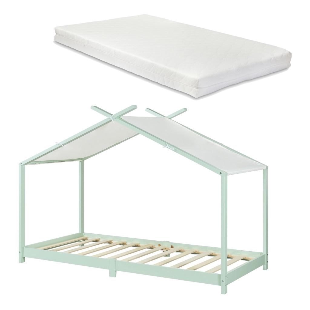 Letto Brome per Cameretta a Forma di Casetta e Materasso 90x200 cm Legno di Pino - Menta Verde [en.casa]