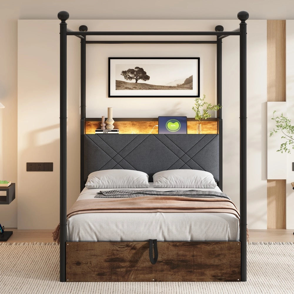 Letto Singolo in Metallo con Baldacchino e Contenitore Idraulico ¨C MINIMAL ¨C Nero, LED, 90x190