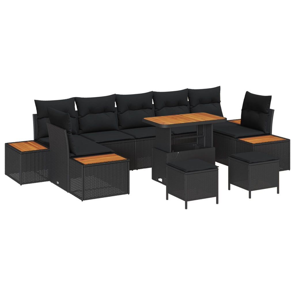 Set di divani da giardino  10 pezzi con cuscini neri in polyrattan e acacia