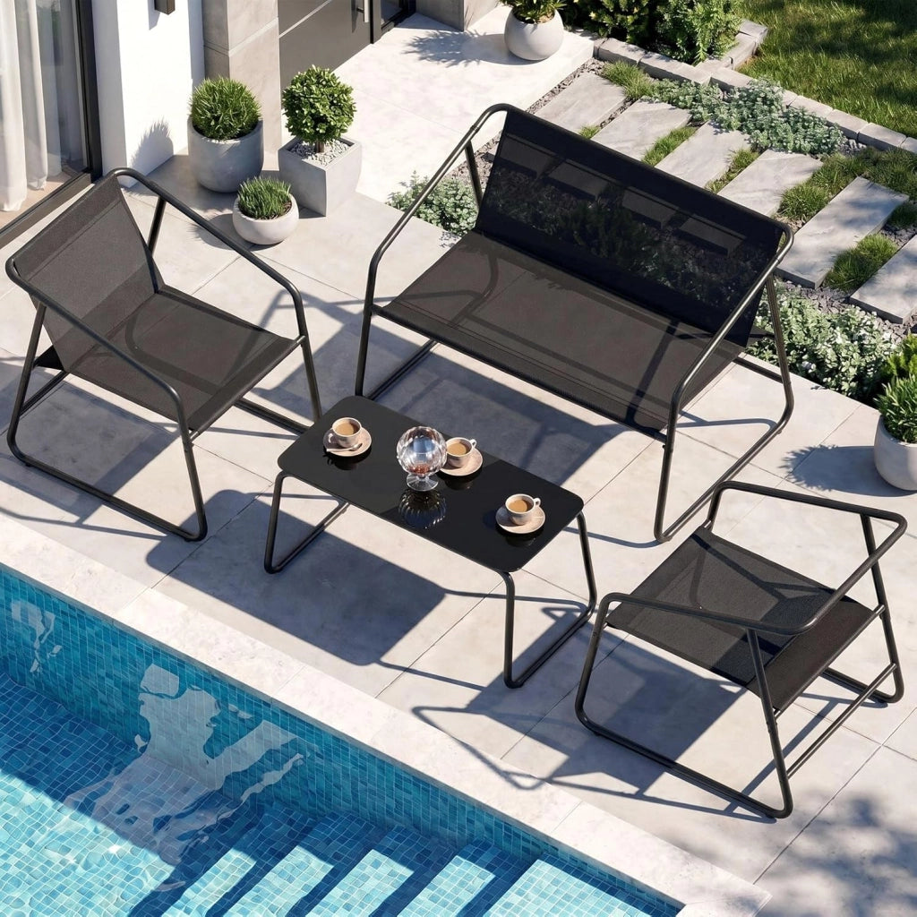 Set Salotto da Giardino 4 Pezzi, Mobili da Balcone in Tessuto Texteline con Divano 2 Posti, 2 Poltrone e Tavolino, Resistente alle Intemperie, Ideale per Balcone Terrazza Giardino, Grigio