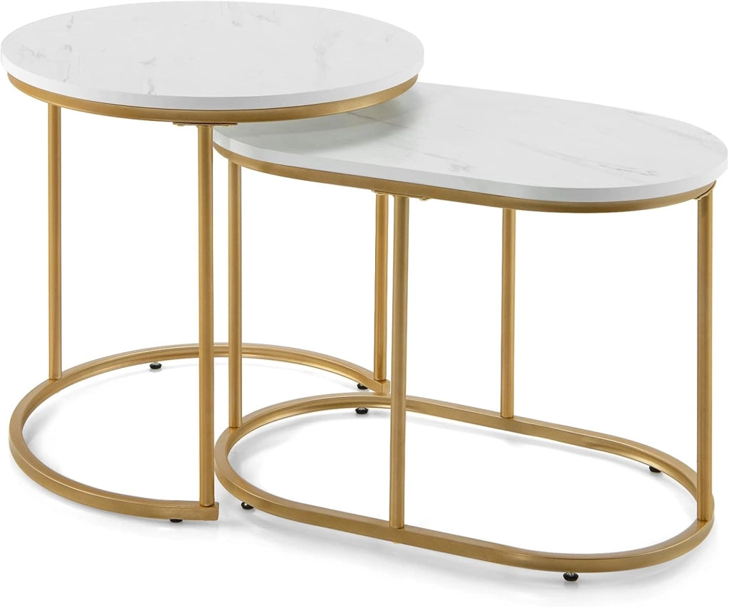 Set di 2 Tavolini da Salotto in Marmorizzato Oro, Tavolino da Divano, Tavolino da Caffè dal Design Moderno, Comodino, Telaio in Metallo Dorato