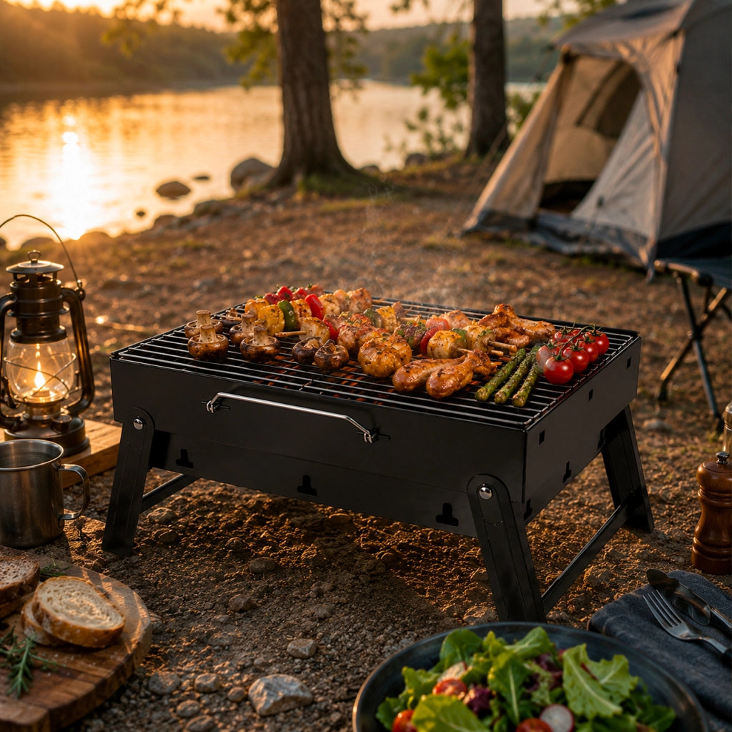 Barbecue A Carbone Portatile Pieghevole BBQ Con Griglia In Metallo Struttura Resistente Maniglia Integrata E Ventilazione Laterale 45.5 x 29.5 x 23 Cm Nero