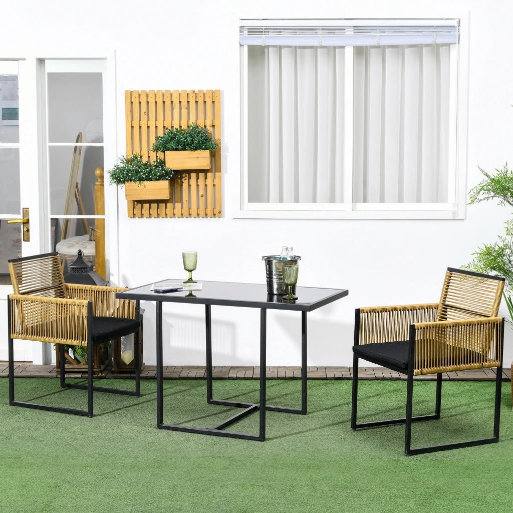 Tavolo da pranzo con vetro e 2 sedie in rattan ¨C zephmum ¨C nero e naturale 90x90x75 cm