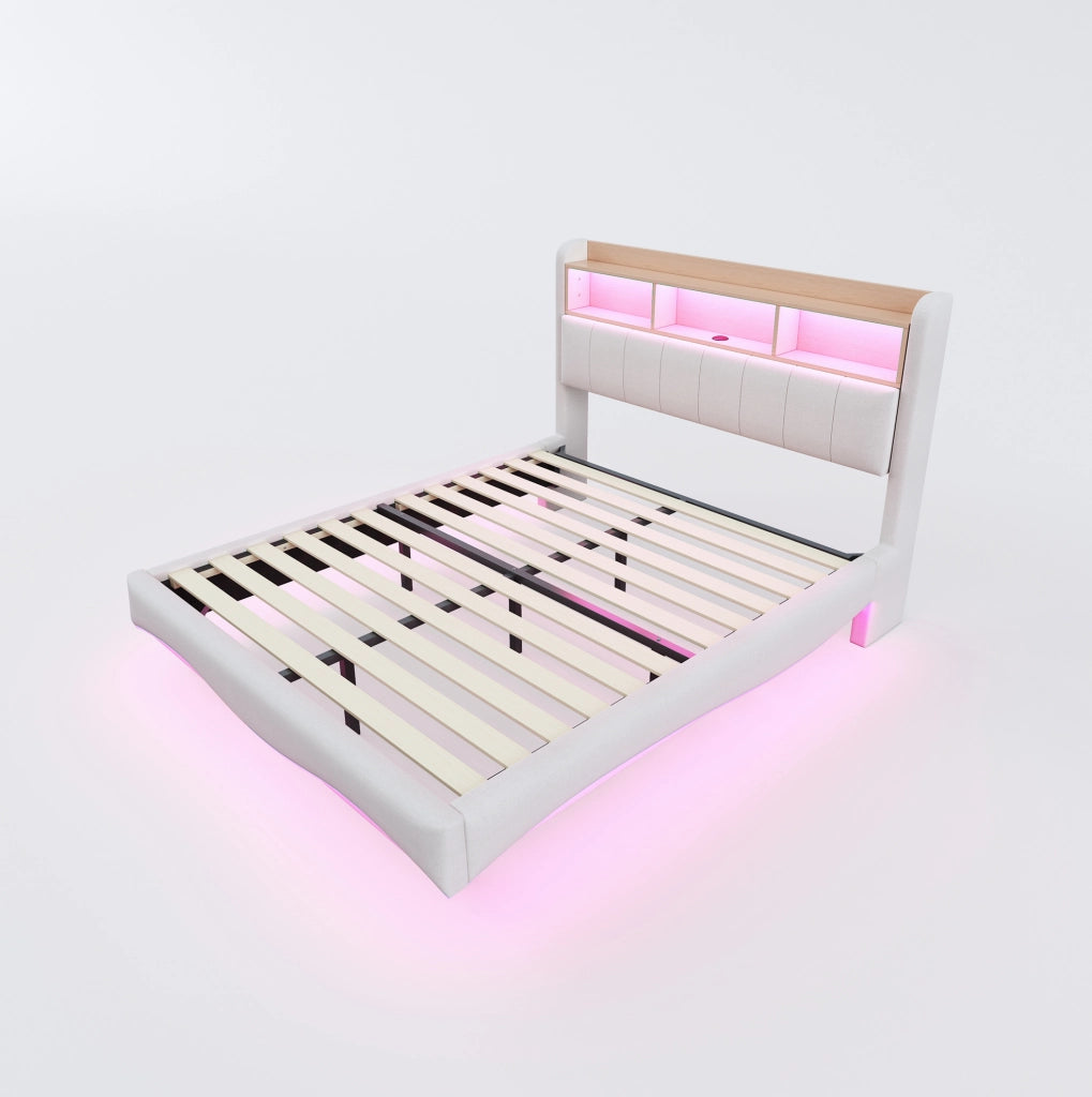Letto imbottito 140x200 con LED, USB-C, contenitore testata beige