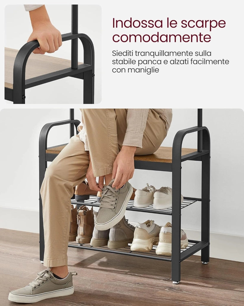 VASAGLE Appendiabiti con Scarpiera, Mobile da Ingresso con Panca, 4 in 1, 9 Ganci Rimovibili, Barra Attaccapanni, Entrata Corridoio, 33,7 x 77 cm, Industriale, Noce Medio e Nero HSR040B41