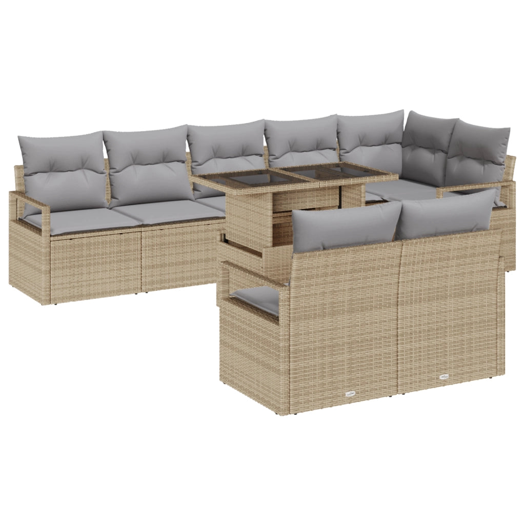 Set Divano da Giardino  9 Pezzi con Cuscini Beige Polirattan