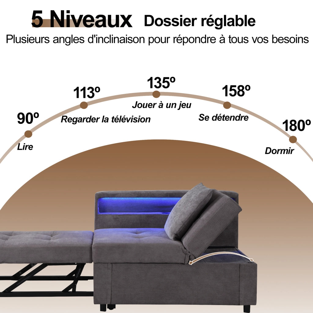 Divano letto 3 in 1 con Schienale Regolabile, LED, USB e Type-C, Bracciolo Reversibile, Imbottito Grigio Scuro 177 × 68 × 65 cm