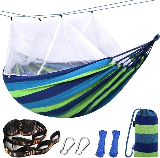 Hangmat in cotone con tessuto anti insetti e cinghie in legno - resistente fino a 450 kg - hangmat per viaggiare - sospensione oscillante per esterno - per campeggio e trekking