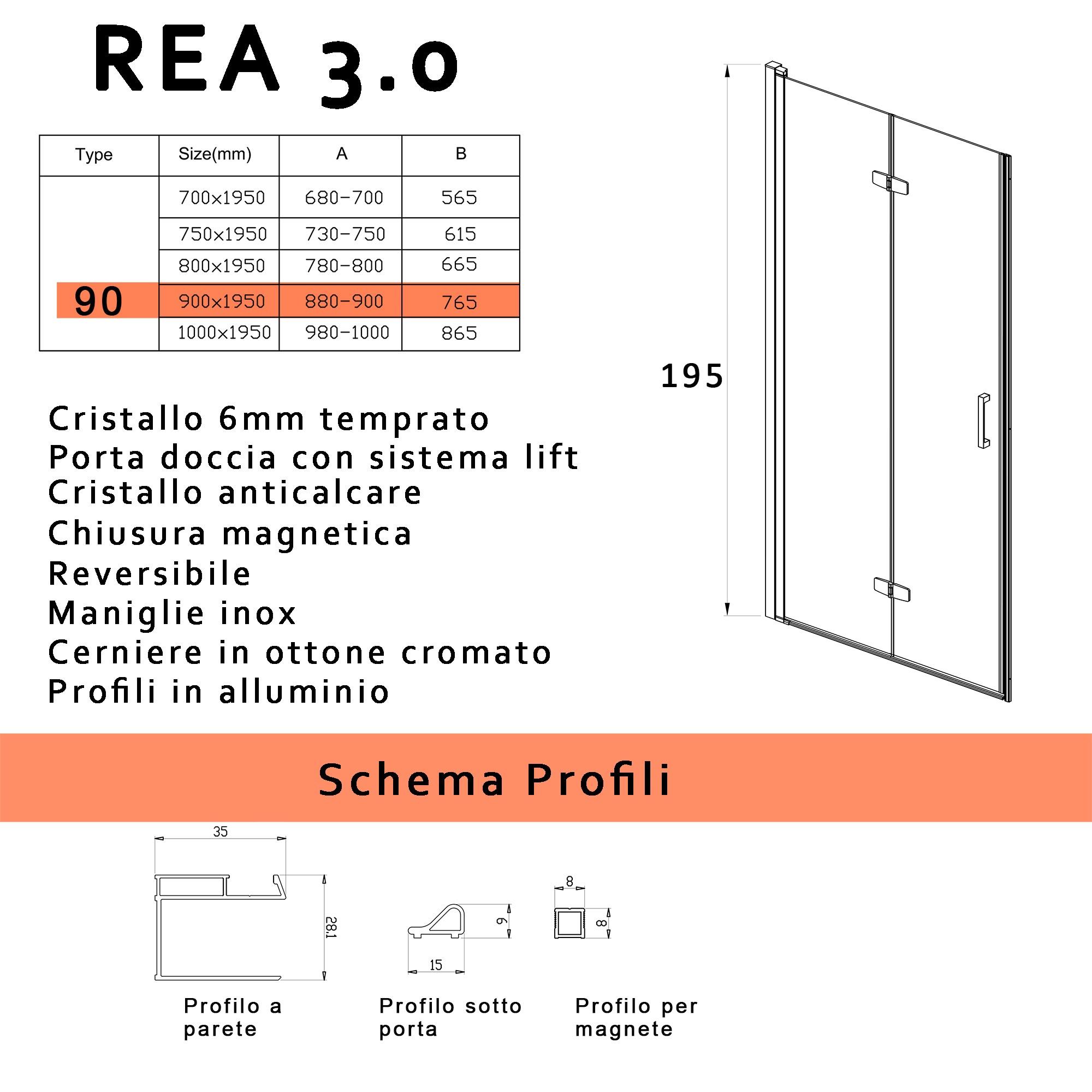 Porta Parete Doccia 75 cm 1 Anta a Libro in Cristallo Trasparente 6mm H195 Bonussi Fiona