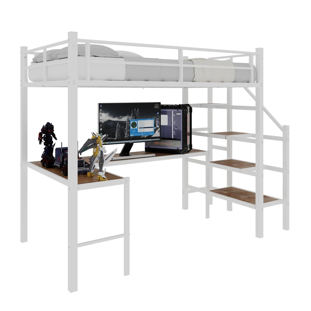 Letto a soppalco con scrivania a L da 90x190 cm e ampio spazio di stoccaggio