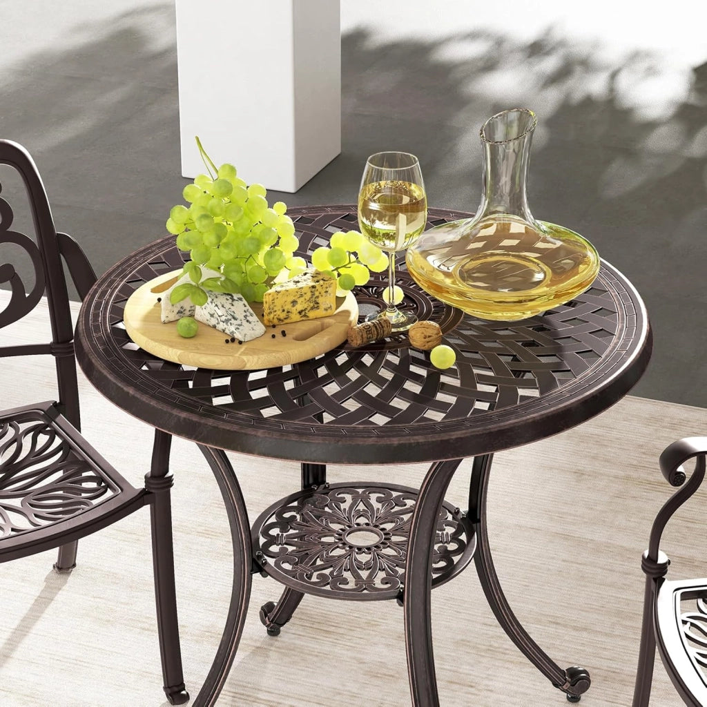 Tavolo da giardino rotondo da balcone φ79 cm, con foro per ombrellone φ5 cm e ripiano inferiore, in alluminio pressofuso, resistente alle intemperie, tavolino da pranzo, tavolino da caffè per
