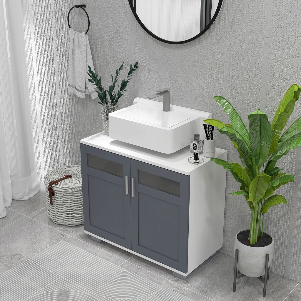 Armadietto Sottolavabo Bagno con Ante Vetro ¨C Zephmum ¨C 69x35x59 cm Bianco Grigio