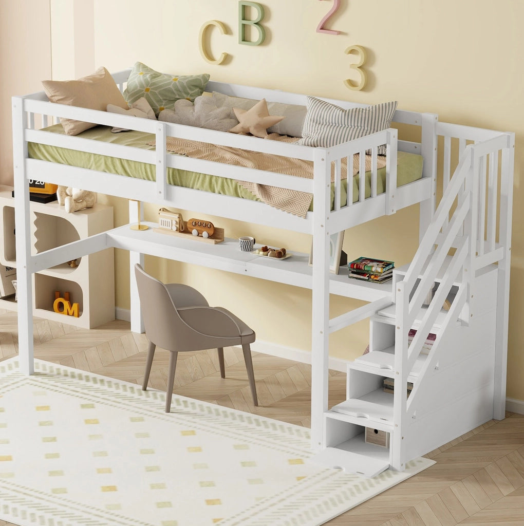 Letto a soppalco ULEVR 90x200 cm con scrivania, cassetti contenitore e scala con vano, bianco