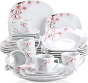 Set di servizio - 30 pezzi - 6 piatti grandi - 6 piatti piccoli - 6 piatti di zuppa - 6 tazze - 6 cucchiai - Bianco - Fiori